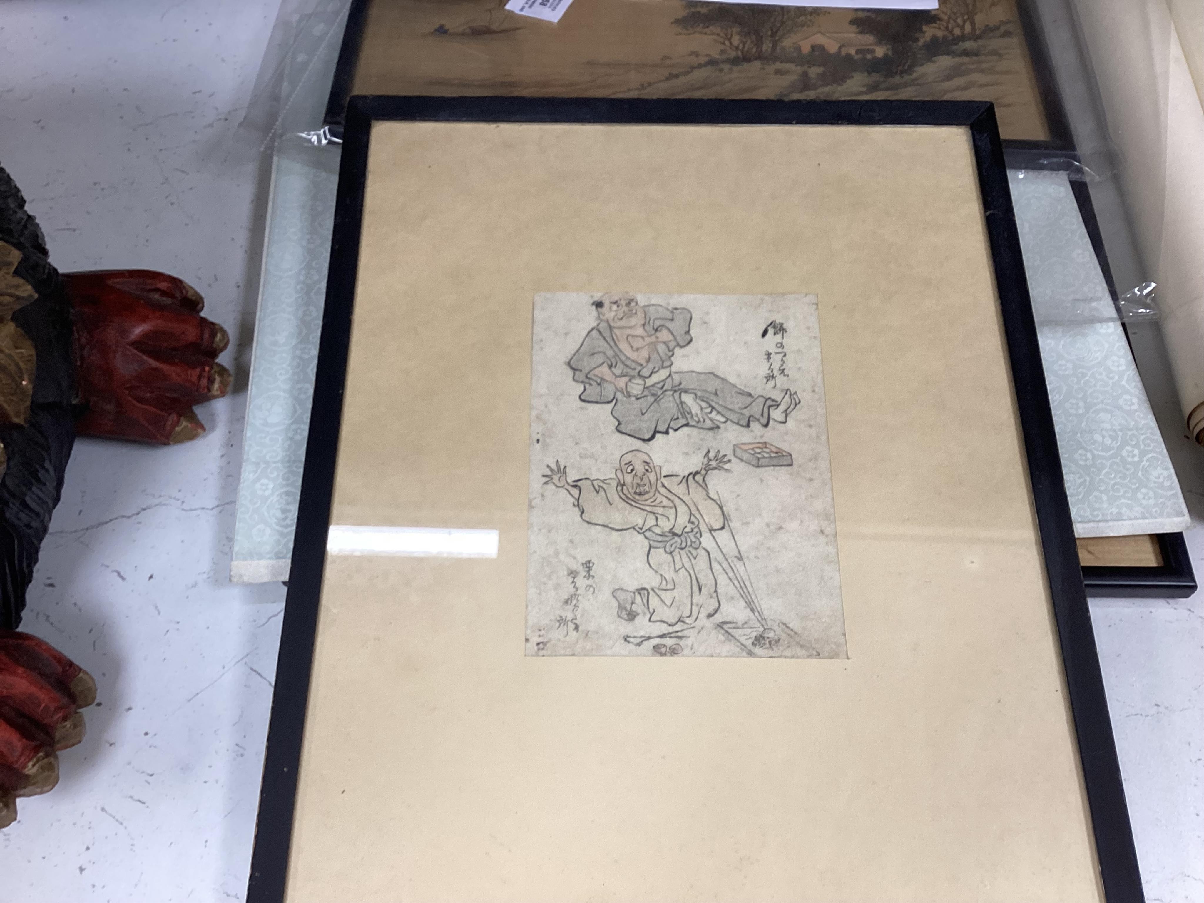 Four Japanese paintings on silk, and two woodblock prints, one after Shinsai, largest 30x25cm